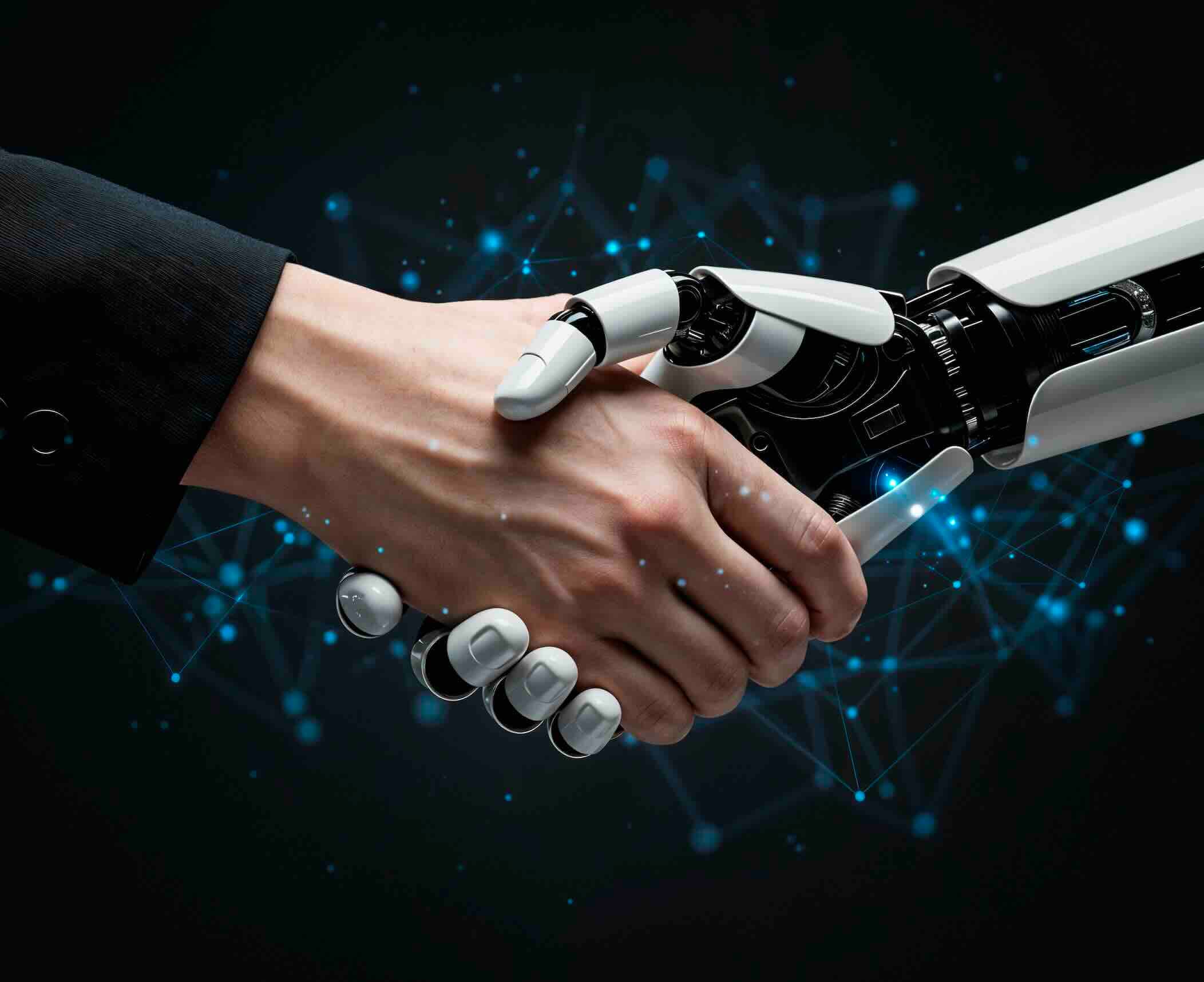 Handdruk tussen een menselijke en een robotische hand, tegen een donkere achtergrond met een blauw netwerkpatroon